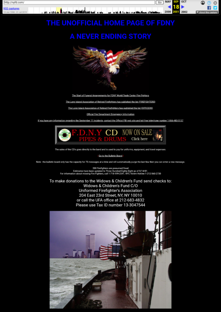 The Unofficial Home page of FDNY Sept 18 2001 via archive.org