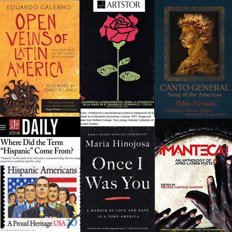 Collage of recommended reading, journals, and art collections for Hispanic Heritage Month
