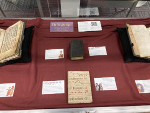 Exhibit Case, "Bright Ages" Medieval Manuscripts, Fraser Hall Library