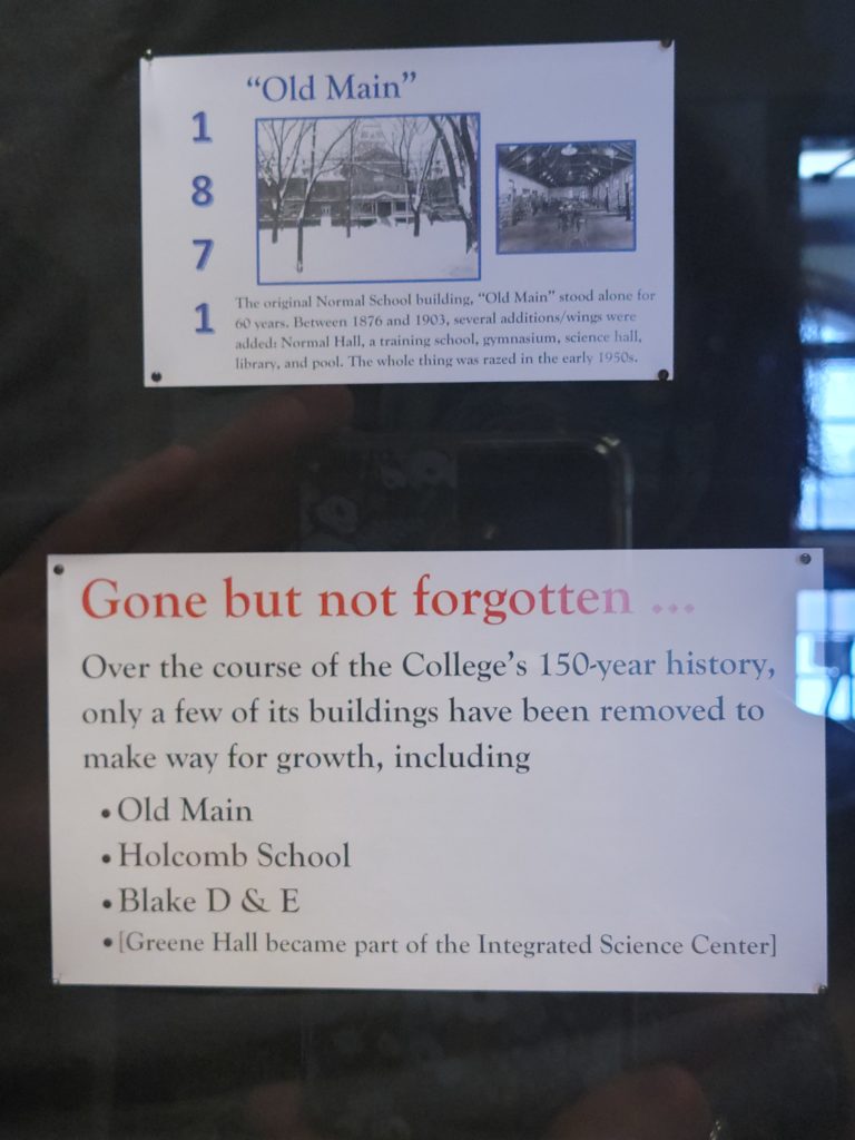 A few buildings removed over the course of the Geneseo College history included Old Main, Holcomb School, and Blake D and E