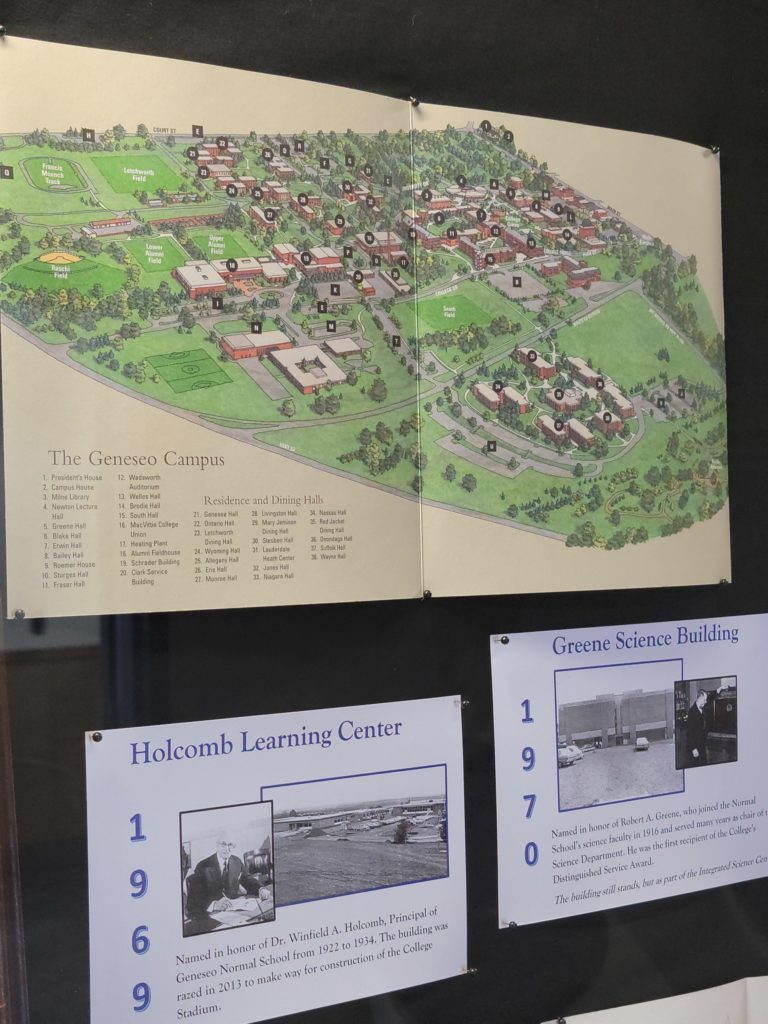 Archival Geneseo Campus Map, information about the Holcomb Learning Center, and Greene Science Building