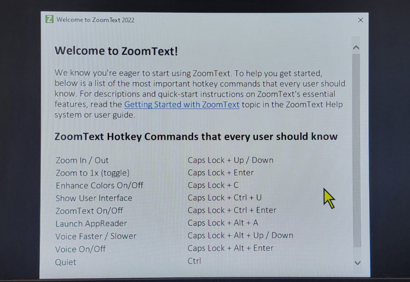 ZoomText running on the Fraser Hall Library Accessibility Workstation, showing a list of hotkey shortcut commands