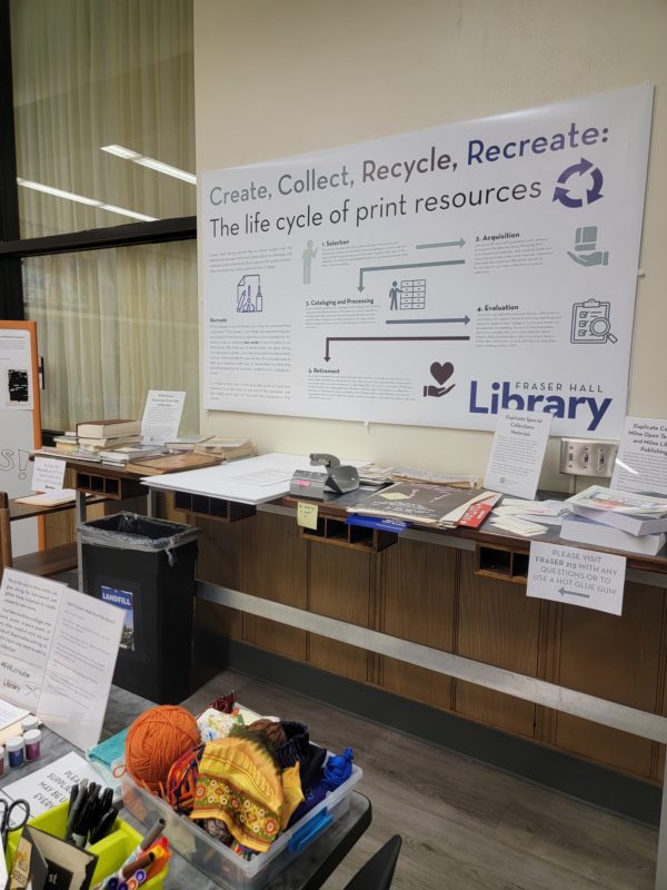 Create, Collect, Recycle, Recreate Poster in FHL lobby with books, art and craft supplies