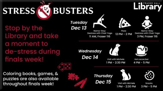 Stressbuster poster of all events for Fall 2022 finals.