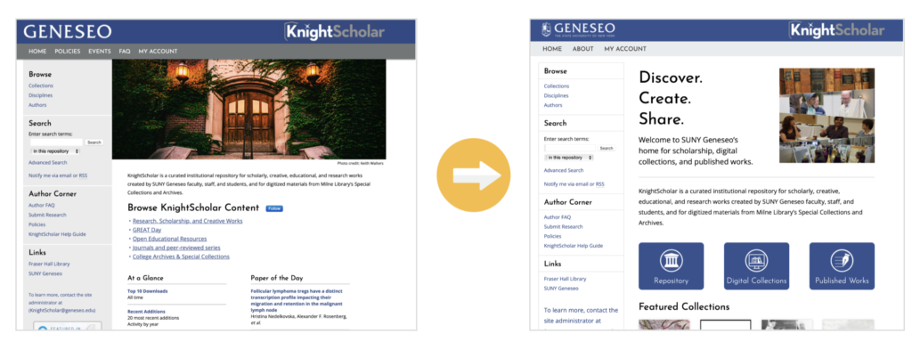 Image of KnightScholar original homepage on the left, and new redesign on the right